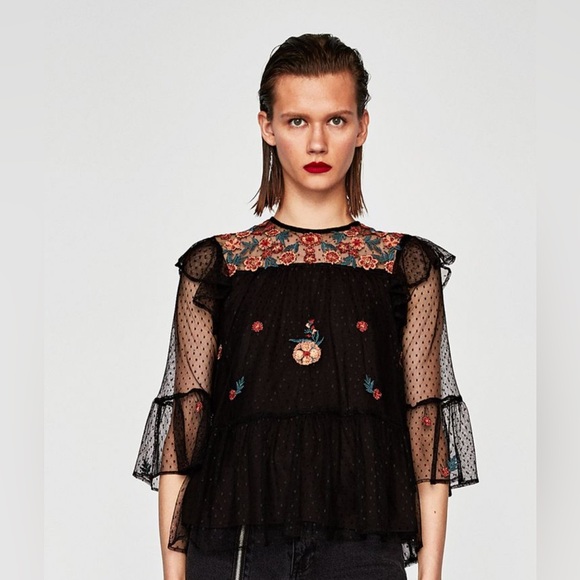 Zara Tops - Zara Black Sheer Blouse with Floral Embroidery